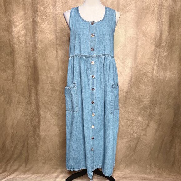 Vintage 90s Dividends Button Up Denim Maxi Apron Dress Sleeveless Blue Maternity - Picture 1 of 10